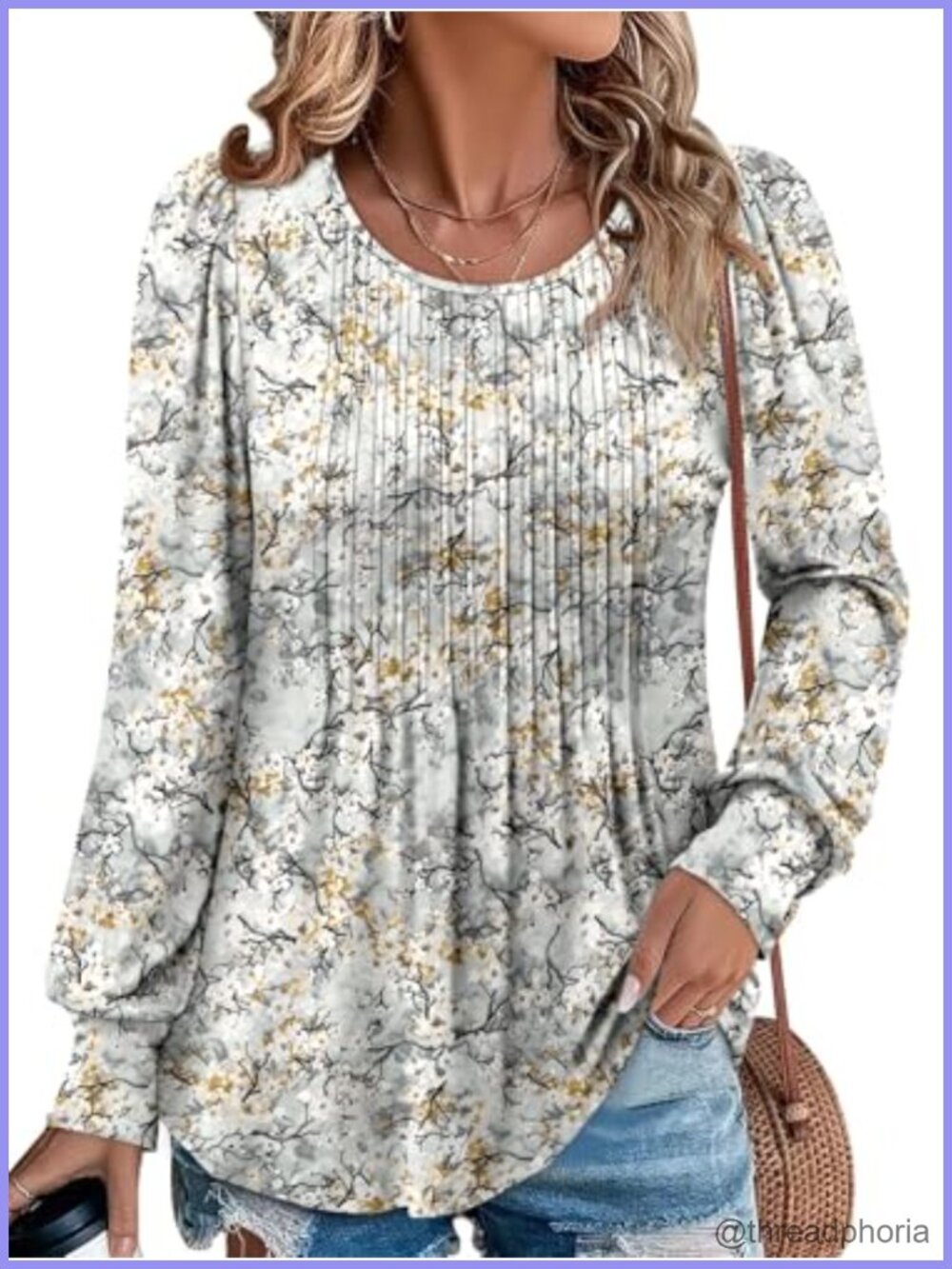 Women's Long Sleeve Tunic Top Crewneck Floral Loose Fit Blouse for Leggings